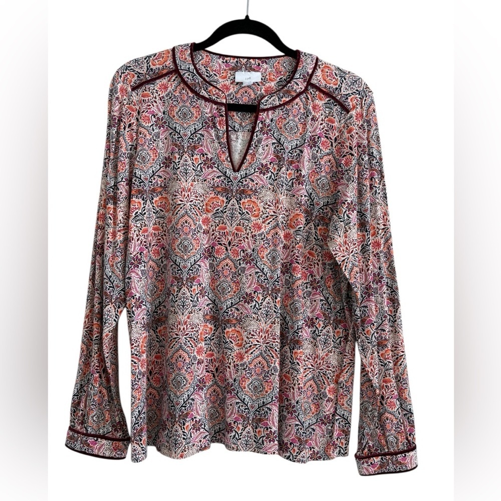 🌸 J. Jill Multicolor Floral Blouse w Velvet Trim | Flowy & Effortless Sz M